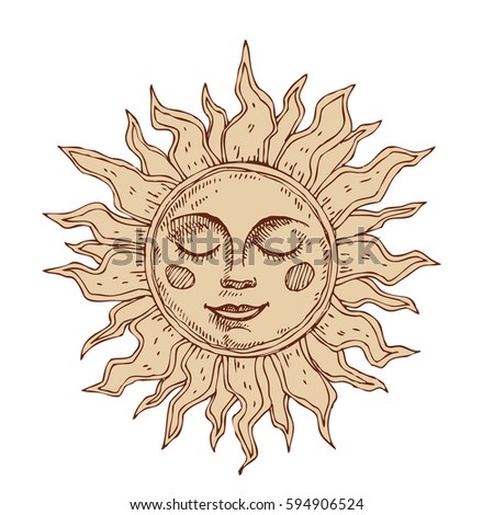 Hand drawn sun with face stylized as engraving. Can be used as print for T-shirts and bags, cards, decor element. Vector astrology symbol