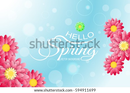 Vector illustration of Hello Spring on the gradient light blue background with red and green flowers.