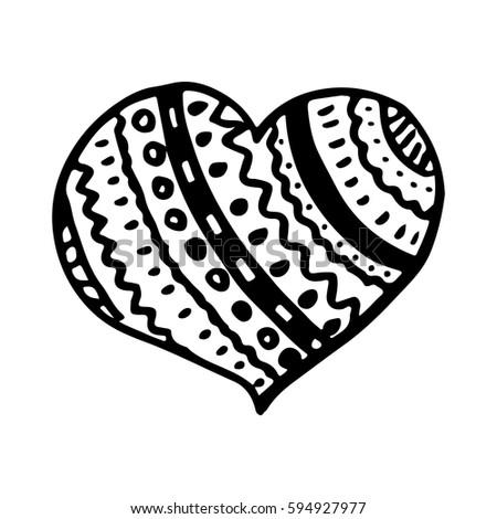 Picture drawn black heart with patterns: stripes, wavy line, dots