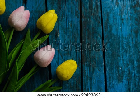 Colorful tulips on blue wooden background. Easter spring time.