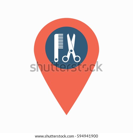 Map pin icon with scissors and comb