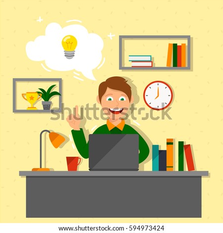 The man is working at the computer. Idea. Businessman.