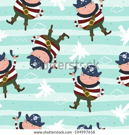 Cute seamless pattern with funny pirate. vector illustration