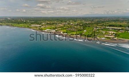 Aerial view of  Beach of Keramas. Keramas surfing beach Bali, Indonesia.