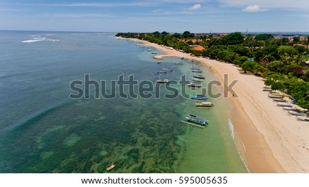 Aerial view of  Beach of Sanur. Sanur relax beach Bali, Indonesia.