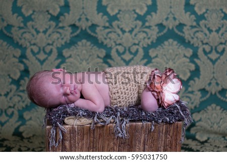 A baby boy is wearing a knit diaper at his first photo shoot. He is sleeping on a basket which looks like a stump.