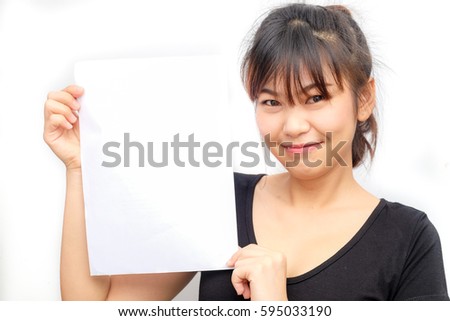 Young smiling woman show blank paper on white background