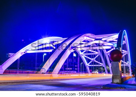 A view of Highway 59 Bridge lights on in Houston, Texas, USA Royalty-Free Stock Photo #595040819