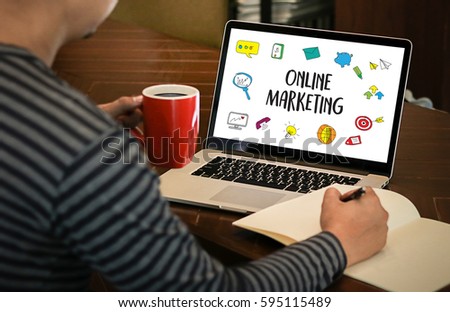 ONLINE ADVERTISING man working on laptop , Online Website Marketing , Update Trends  Advertising , Online Business Content Strategy