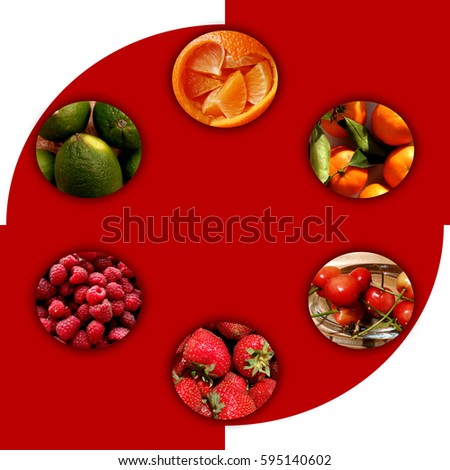 Six circles filled with various fruity textures: orange pieces, tangerines, cherries, strawberries, raspberries and limes, all arranged in circle shape, on abstract red and white background