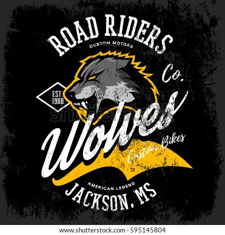 Vintage American wolf bikers club tee print vector design isolated on dark background. Mississippi, Jackson street wear t-shirt emblem. Premium quality wild animal superior logo concept illustration.
