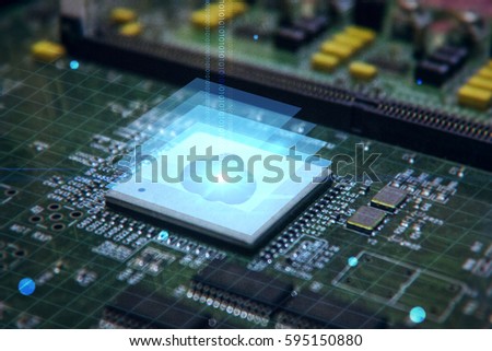 Blue circuit board closeup connected to a cpu with a cloud symbol on top cloud computing concept 