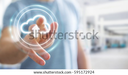 Businessman on blurred background using digital cloud 3D rendering Royalty-Free Stock Photo #595172924