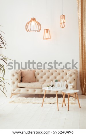 Interior living room with a sofa, table, floor lamp and panoramic window. Beautiful Living room Architecture Stock Images, Photos of Living room. Interior photography