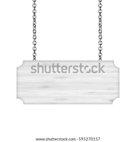 White Wooden sign hanging on a chain isolated on white Royalty-Free Stock Photo #595270157