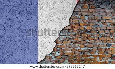 France flag painted on cracked wall. Brick wall under plaster