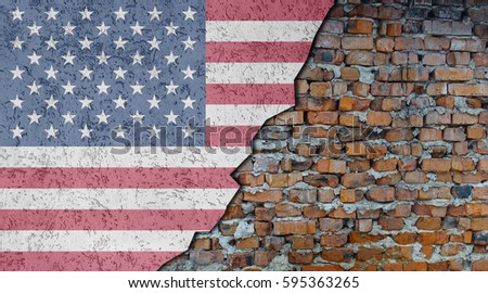 American flag painted on cracked wall. Brick wall under plaster
