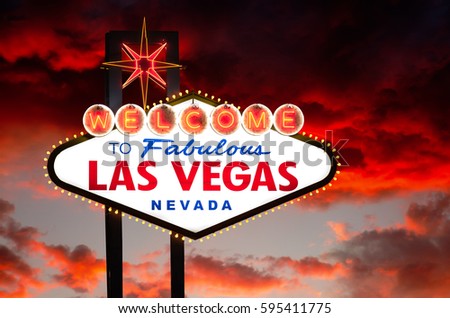World famous Las Vegas welcome sign against dramatically beautiful sunset sky background