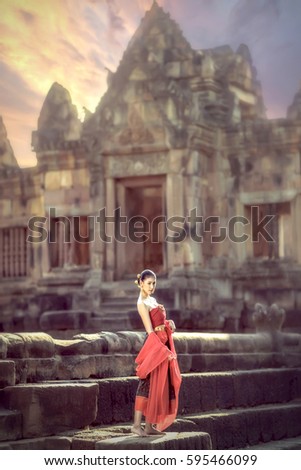 Women's traditional dress walking the khmer castle.
