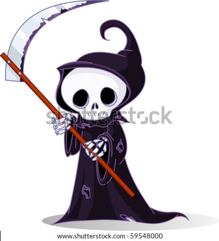 Cute cartoon grim reaper with scythe  isolated on white