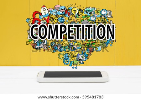 Competition concept with smartphone on yellow wooden background