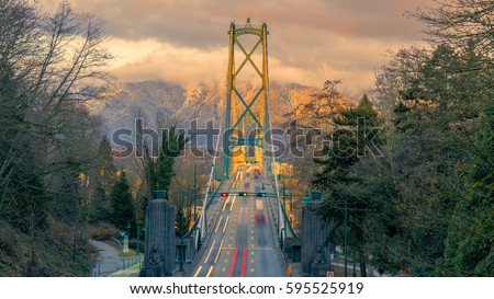 Lions Gate Bridge in sunset, Vancouver, BC, Canada Royalty-Free Stock Photo #595525919
