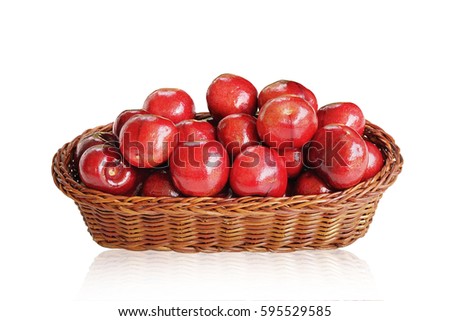 Fruits of sour cherry  in basket isolated on white background. This has clipping path.                           