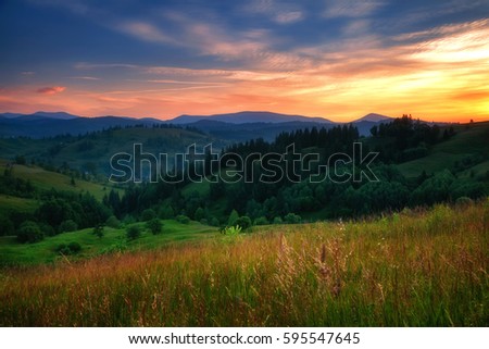 Tranquil view of alpine valley in twilight. Dramatic and gorgeous morning scene. Location place Carpathian, Ukraine, Europe. Glowing filter. Artistic picture. Discover the world of beauty.