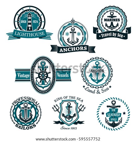 Nautical heraldic or marine vector icons. Emblems and heraldry badges of lighthouse or beacon light, shop anchor and helm, sailor compass and trident with shields, ribbons and stars