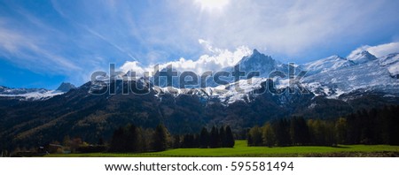 Mont Blanc Mountain covered with snow in spring. Amazing panorama of French Alps in the spring