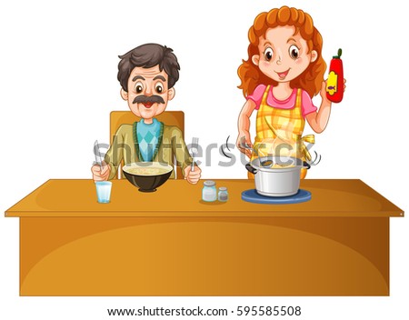 Father and mother having meal on the table illustration
