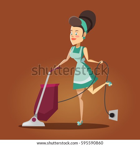 Young Beautiful Housewife Cleaning Service the House with Vacuum Cleaner. Vector illustration