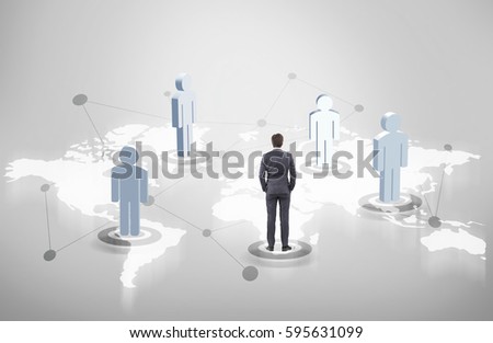 Man figures and a businessman in a suit standing on different continents on a world map. Concept of international trade and globalisation.