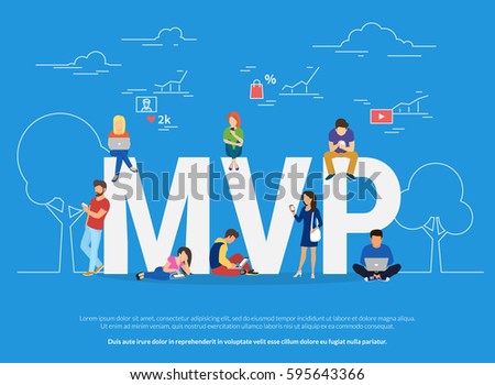 MVP vector illustration of young people using devices for buying new apps and digital goods. Flat concept design of minimum viable product and features analysis and research the market traction Royalty-Free Stock Photo #595643366