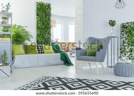 Bright living room with sofa, armchair, pouf and green plants Royalty-Free Stock Photo #595655690