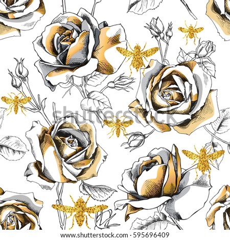 Seamless pattern with image of a gold rose flowers and glitter bees on a white background. Vector illustration.