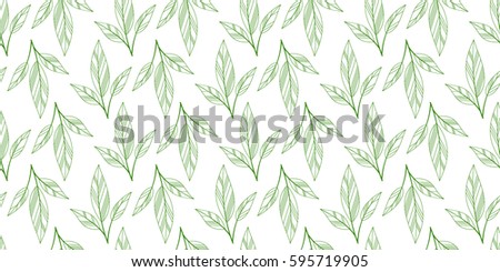 Leaves seamless white and green background. Vector illustration.