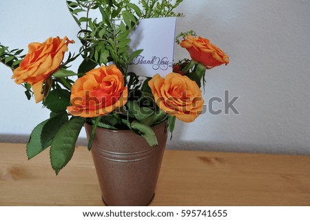 Rose Bouquet, Orange Roses In Flower Pot, Roses With Thank You Note