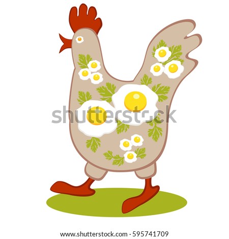 Funny chicken and omelet, . Advertising meat of chicken and eggs. Vector illustration.