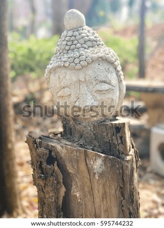 Old Buddha head Placed on an old stump. With background blurred. Make the picture more beautiful