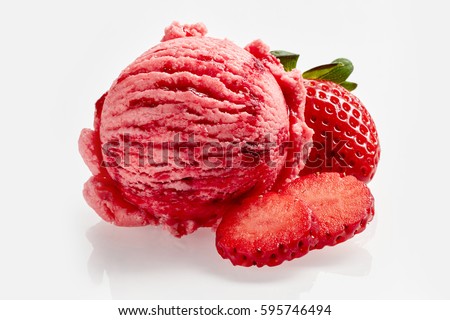 Tasty creamy strawberry ice cream with fresh ripe red succulent fruit alongside for advertising or a menu in a parlor or restaurant