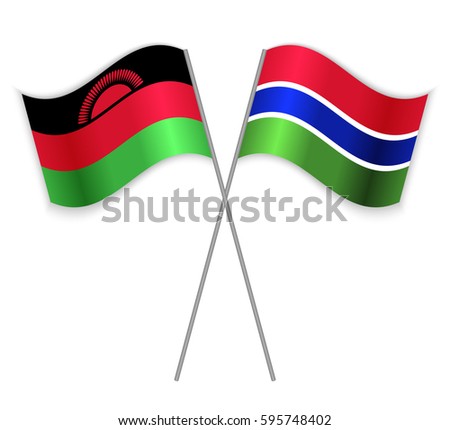 Malawian and Gambian crossed flags. Malawi combined with Gambia isolated on white. Language learning, international business or travel concept.