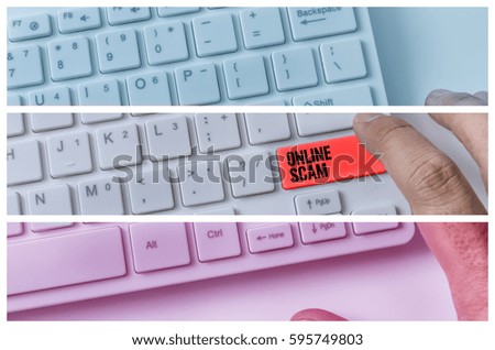 Close up of hand pressing word ONLINE SCAM on white keyboard.