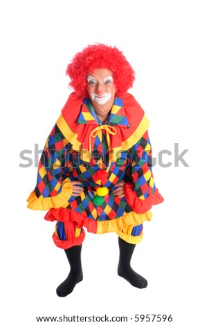 Colorful dressed female holiday clown, happy joyful expression on face