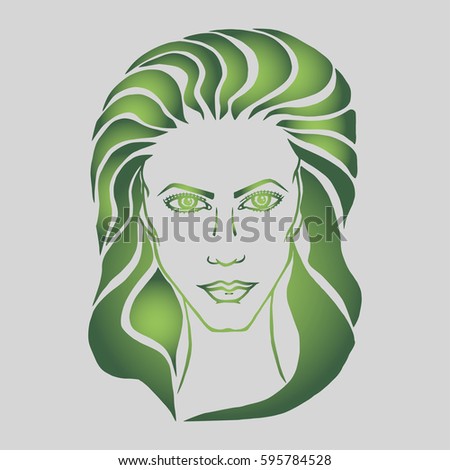 Illustration with outline sketch of cute young woman with long hair. Tattoo design. Makeup and Hairstyle Look.