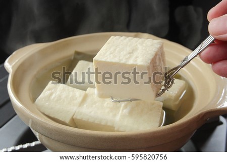 Boiled tofu in stock made from kelp(eaten with soy sauce, chopped scallion, dried bonito shavings, and grated fresh ginger) / Bean Curd Hot Pot Yudofu, Japanese Food