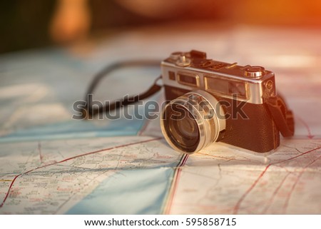 Vintage old camera and map 