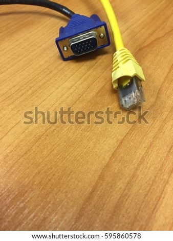 IT Equipment, Lan cable line and computer link line, VGA line on wooden table
