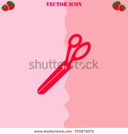 Scissors vector  icon. Strawberry Background.