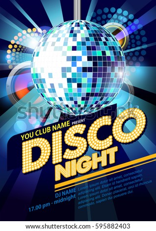poster disco night party with disco ball vector illustrator Royalty-Free Stock Photo #595882403